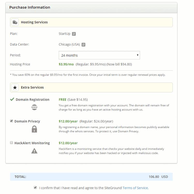 SiteGround hosting Pricing summary