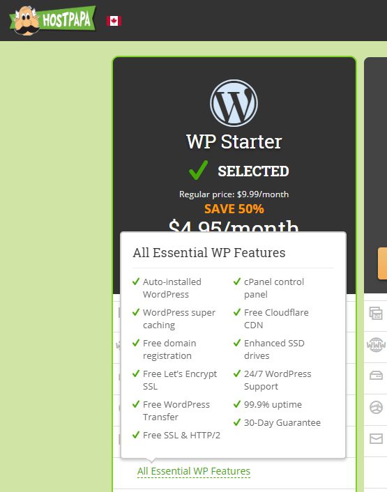 2020 HostPapa Essential Features snapshot for hosting WordPress